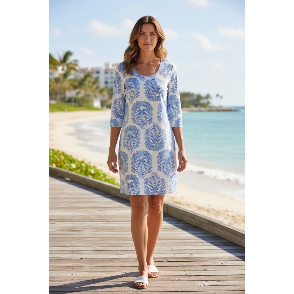 Persifor Dress Medium Blue White Seashell Print Winthrop Scoop Neck 3/4 Coastal